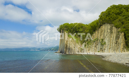 Drone view of rocks, nature, sea and water - Skala Kiseleva is a natural monument on the territory of the Tuapse district of the Krasnodar Territory. Aerial view from above. 4K footage. Drone view of rocks, nature, sea and water - Skala Kiseleva is a natural monument on the territory of the Tuapse district of the Krasnodar Territory. Aerial view from above. 4K footage. 77877421