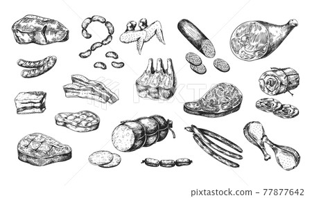 Hand drawn meat products. Parts of pork and beef, pieces with bones or fillets. Smoked chicken. Sausages and ham. Butchery shop menu. Cooking ingredients. Vector monochrome food set 77877642