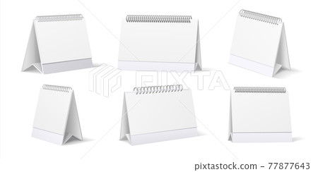 Desk calendar. Realistic table stand mockup with pages and spiral springs. 3D office organizers set. View from different sides on blank notepads. Vector stationery mockup for branding 77877643