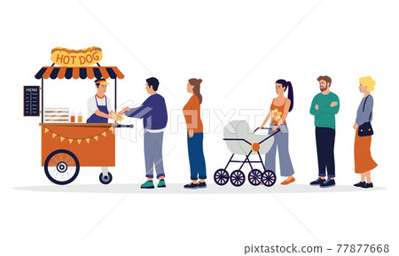 People queue. Street food cart with waiting in line customers. Men and women buy hot dogs at kiosk. Vendor sells snacks. Takeaway meal. Mobile cafe in park. Vector small family business 77877668