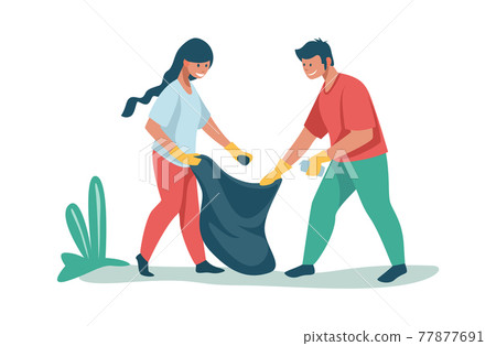 People sorting and recycling waste. Volunteers collecting rubbish outdoor. Man and woman putting garbage in bag. Characters take care of nature. Vector activists clean parks from litter People sorting and recycling waste. Volunteers collecting rubbish outdoor. Man and woman putting garbage in bag. Characters take care of nature. Vector activists clean parks from litter 77877691