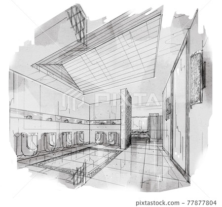 sketch perspective interior. hand drawn sketch pen with pencil black and white interior design. 77877804