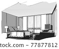 sketch perspective interior. hand drawn sketch pen with pencil black and white interior design. 77877812
