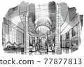 sketch perspective interior. hand drawn sketch pen with pencil black and white interior design. 77877813
