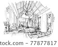 sketch perspective interior. hand drawn sketch pen with pencil black and white interior design. 77877817