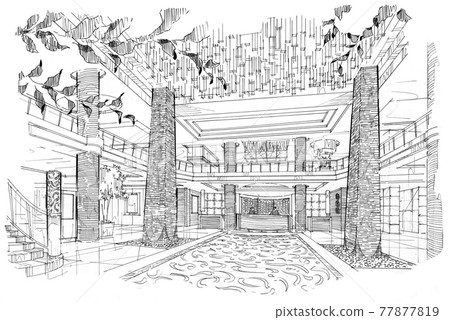 sketch perspective interior. hand drawn sketch pen with pencil black and white interior design. sketch perspective interior. hand drawn sketch pen with pencil black and white interior design. 77877819