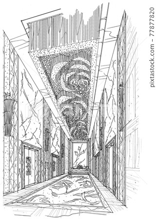sketch perspective interior. hand drawn sketch pen with pencil black and white interior design. 77877820