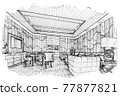 sketch perspective interior. hand drawn sketch pen with pencil black and white interior design. 77877821