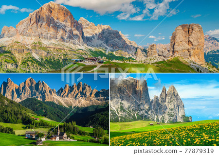 Collage of Dolomites mountains summer scenery and hiking places, Italy Collage of Dolomites mountains summer scenery and hiking places, Italy 77879319