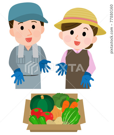 A couple of vegetable farmers introducing boxed vegetables 2 Illustration A couple of vegetable farmers introducing boxed vegetables 2 Illustration 77880160