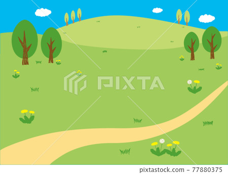 A landscape with small diameters, trees and dandelions on a gently undulating field A landscape with small diameters, trees and dandelions on a gently undulating field 77880375