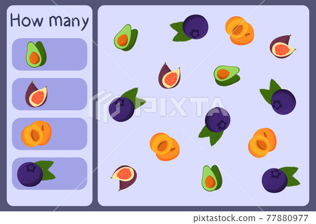 Kids mathematical mini game - count how many fruits - avocado, fig, apricot, blueberry. Educational games for children. Cartoon design template on colorful backdrop. 77880977