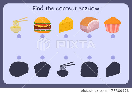 Matching children educational game with food - noodle, burger, cheese, ham, muffin. Find the correct shadow. Matching children educational game with food - noodle, burger, cheese, ham, muffin. Find the correct shadow. 77880978