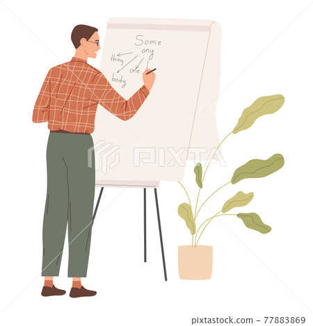 Male teacher wtiting on board in school classroom. Male teacher wtiting on board in school classroom. 77883869