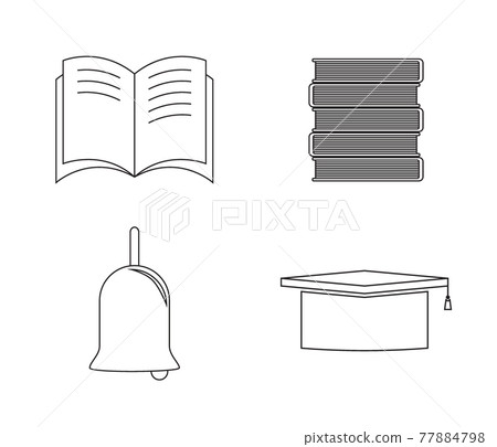 Black and white set of student icons: stacked books, graduate cap, bell, open book. Vector Illustration Black and white set of student icons: stacked books, graduate cap, bell, open book. Vector Illustration 77884798
