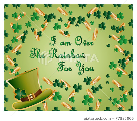 Greeting card of St. Patrick with sparkling green leaves of clover, gold coins, green hat Greeting card of St. Patrick with sparkling green leaves of clover, gold coins, green hat 77885006