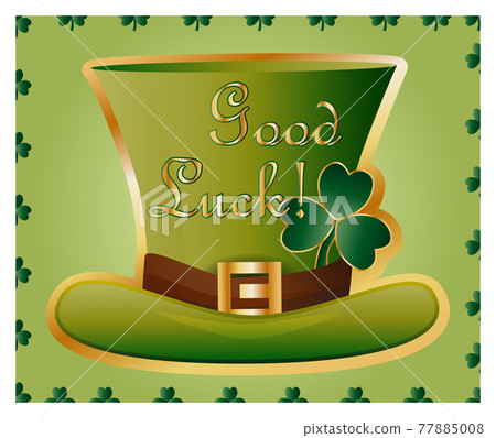Greeting card of St. Patrick with sparkling green leaves of clover, gold coins, green hat Greeting card of St. Patrick with sparkling green leaves of clover, gold coins, green hat 77885008