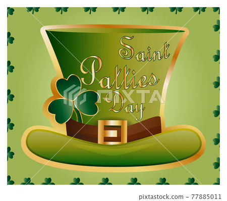 Greeting card of St. Patrick with sparkling green hat and leaves of clover and inscription 77885011
