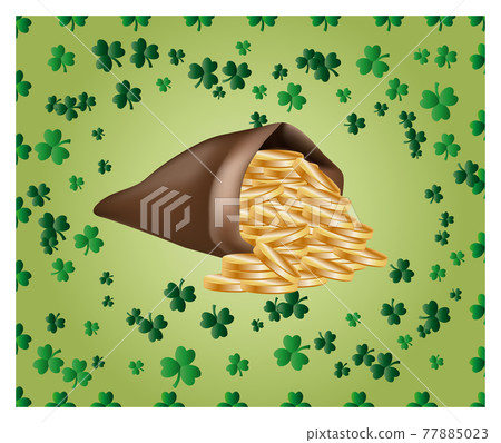 Greeting Card St. Patrick with sparkling gold coins and green clover leaves and bag of money 77885023