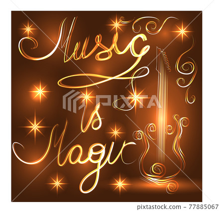 Elegant golden guitar outline, glowing on a dark background, neon effect, music, notes 77885067