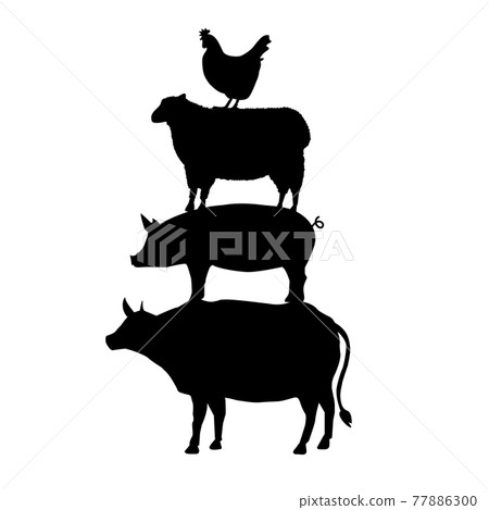cow, pig, sheep, rooster stand on each other. farm animal. flat style. cow, pig, sheep, rooster stand on each other. farm animal. flat style. 77886300