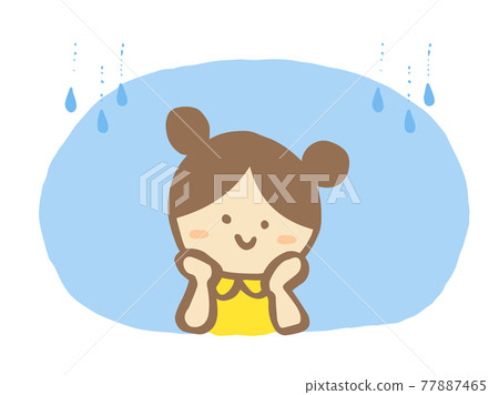 可愛的孩子（女孩）和雨背景夏天（雨季）/手寫插圖 77887465