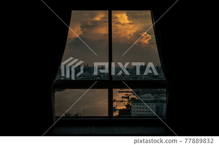 Beautiful City with River view at evening. Can see through glass windows in the bedroom at bangkok. 77889832