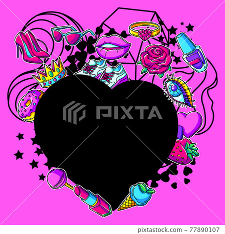 Background with fashion girlish patches. Colorful cute teenage illustration. 77890107