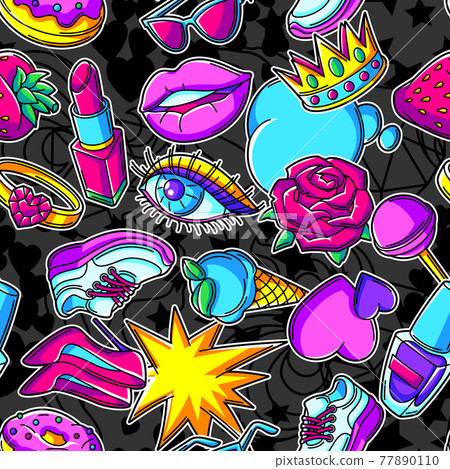 Seamless pattern with fashion girlish patches. Colorful cute teenage background. 77890110