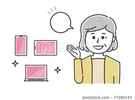 Illustration material of senior women to guide, smartphones, tablets (daily wear, plain clothes) 77890147