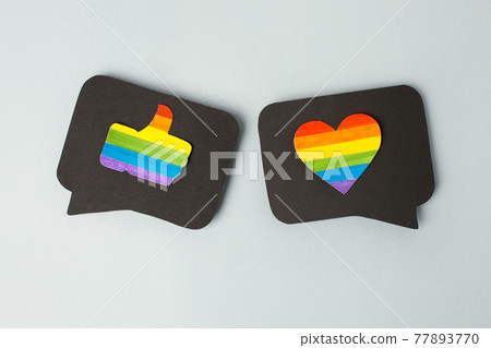 Happy Pride month banner for lgbt rights or social issues event. Colorful rainbow heart and thumb up in black social media interaction cloud, symbol for homosexual love, marriage, partnership sex 77893770