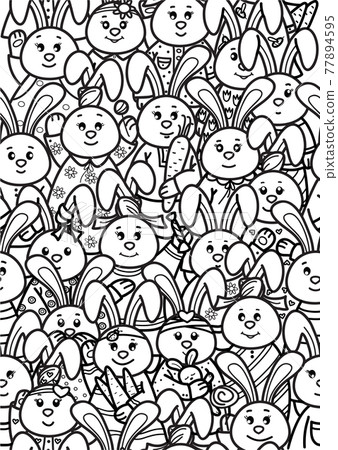 Vector cute rabbits cartoons, coloring page. Seamless pattern of rabbits cartoons. 77894595