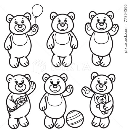 Vector little bears cartoons, black silhouettes. Cute Teddies for kid's coloring. 77894596