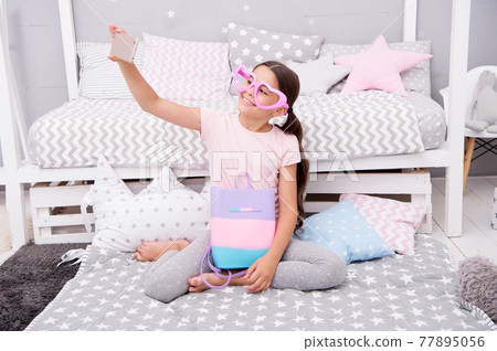 Subscribe her vlog. Vlogger streaming video. Girl child Subscribe her vlog. Vlogger streaming video. Girl child 77895056