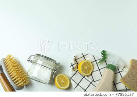 Eco friendly cleaning tools on white background, space for text Eco friendly cleaning tools on white background, space for text 77896137