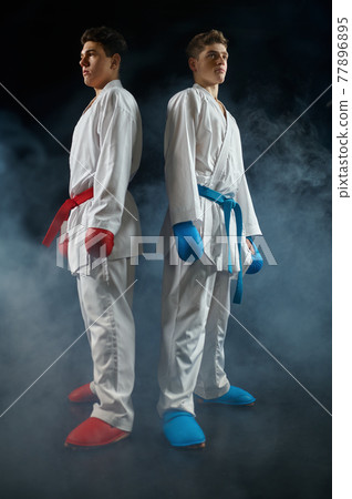 Two karatekas poses in white kimono and gloves Two karatekas poses in white kimono and gloves 77896895