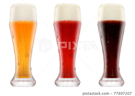 Set of glasses of fresh beer with bubble froth isolated on white background. 77897207