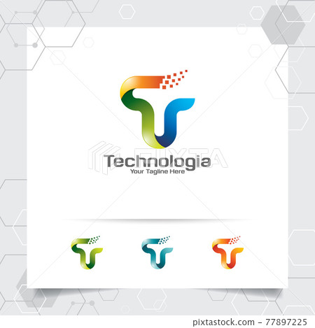 Digital logo letter T design vector with modern colorful pixel for technology, software, studio, app, and business. 77897225