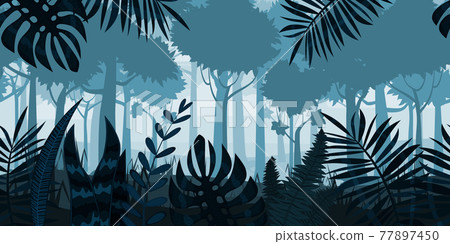 Jungle Tropical Forest landscape horizontal seamless background for games apps, design. Nature leaves, woods, trees, bushes, flora, vector Jungle Tropical Forest landscape horizontal seamless background for games apps, design. Nature leaves, woods, trees, bushes, flora, vector 77897450