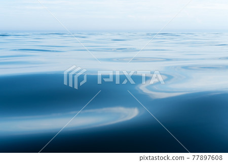 Calm, clear lake on the horizon with blue sky, on a summer day. Bottom view. Calm, clear lake on the horizon with blue sky, on a summer day. Bottom view. 77897608