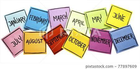 set of twelve months on sticky notes set of twelve months on sticky notes 77897609