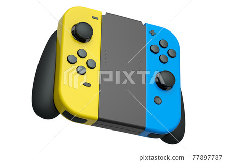 Portable video game controllers attached to touch screen on white background 77897787