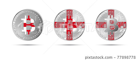 Three Bitcoin crypto coins with the flag of England. Money of the future. Modern cryptocurrency vector illustration Three Bitcoin crypto coins with the flag of England. Money of the future. Modern cryptocurrency vector illustration 77898778