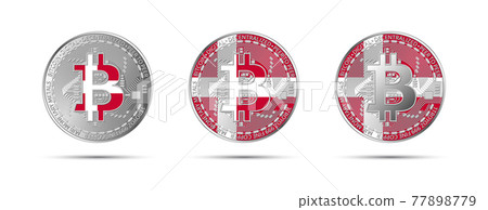Three Bitcoin crypto coins with the flag of Denmark. Money of the future. Modern cryptocurrency vector illustration 77898779