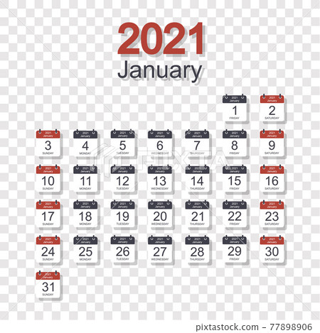 Monthly calendar template for January 2021 with daily date. On transparent background. Week starts on Sunday. Flat style. Monthly calendar template for January 2021 with daily date. On transparent background. Week starts on Sunday. Flat style. 77898906