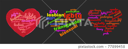 Colorful Rainbow Pride Heart Shape Tagcloud Isolated on Dark Background. Illustration with Words Colorful Rainbow Pride Heart Shape Tagcloud Isolated on Dark Background. Illustration with Words 77899458