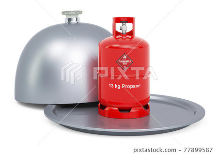 Restaurant cloche with propane cylinder with compressed gas, 3D rendering Restaurant cloche with propane cylinder with compressed gas, 3D rendering 77899587