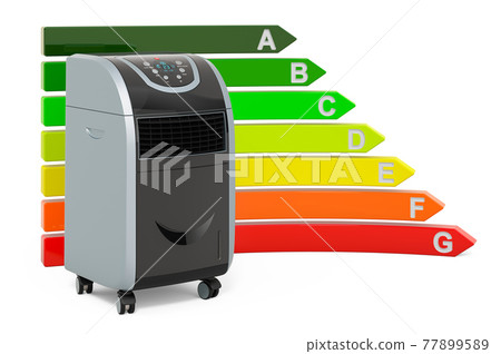 Portable air conditioner with energy efficiency chart, 3D rendering Portable air conditioner with energy efficiency chart, 3D rendering 77899589