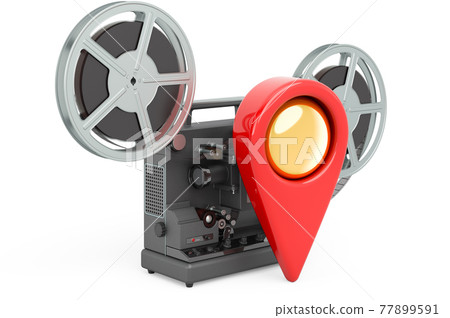 Movie theater location concept. Map pointer with film projector, 3D rendering Movie theater location concept. Map pointer with film projector, 3D rendering 77899591