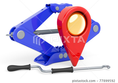 Map pointer with screwjack, car service location concept. 3D rendering Map pointer with screwjack, car service location concept. 3D rendering 77899592